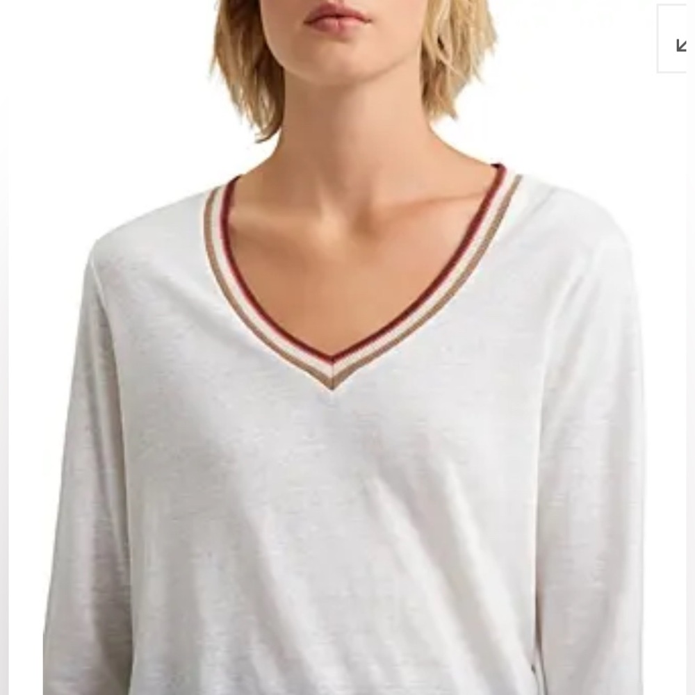 Gerard Darel Paris VNeck Long‎ Sleeve Linen Top T Shirt L /FR3/US10 White Preppy
